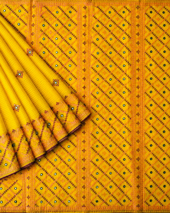 Kota Cotton Saree With Cross Stich Work With Mirror work and piping Border -Mustard