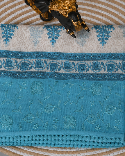 Silk Kota Saree with Floral Print and Thread Embroidery work Border with Lace -