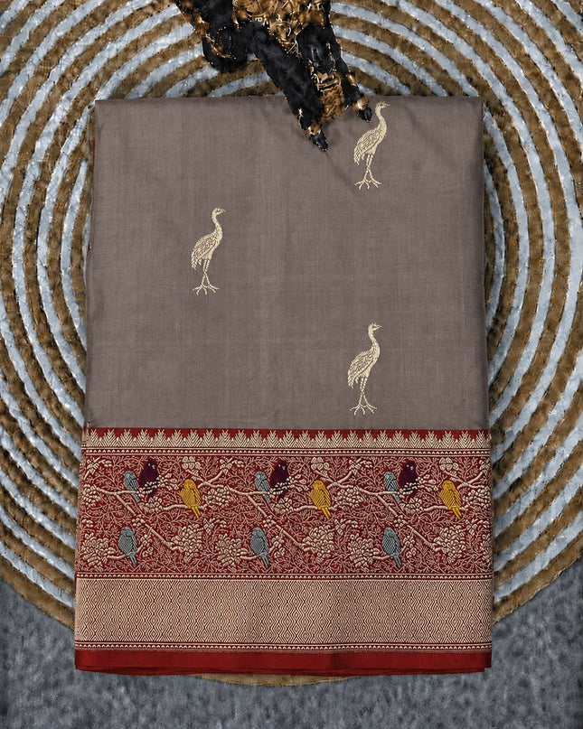Kathan Silk Saree With All over Gold Zari Buttes and Golden Zari Weaving Border - Grey & Red