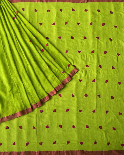 Mul Cotton Saree with Thread Work Buttes and Tassels-  Green