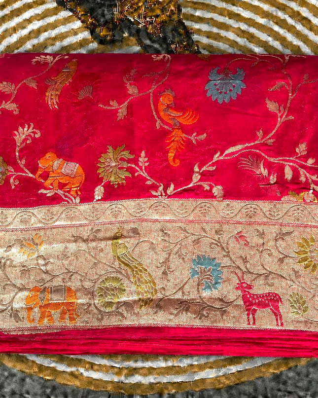Munga Georgette saree with all overAntic Gold Zari Weaving  - Rani Pink