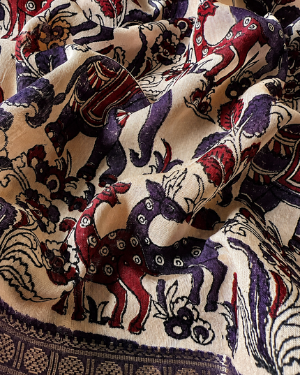Munga Silk Saree With Floral Print and Kalmkari Border - Light Purple