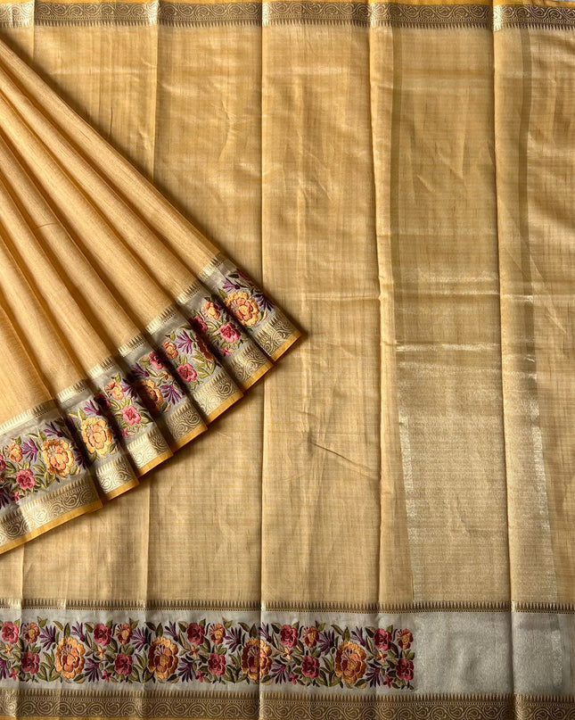 Kora Tusser saree Gap Border with Parce  Work Border - Mustard