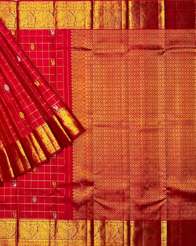 Pure Kanchi Pattu Saree With Allover Checks Design With Silver and Gold Motifs and Golden Border - Red