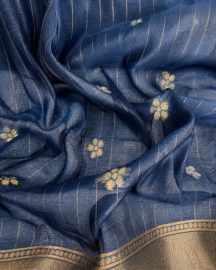 Cotton Chanderi Jamdani Saree withfloral Print Golden Border - Navy