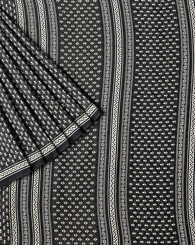 Mul Cotton Saree with  Block Printed - Black