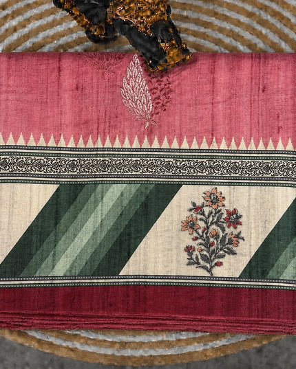 Tusser Saree With All Over Thread Embroidery  Work Flower Print Border - Pink