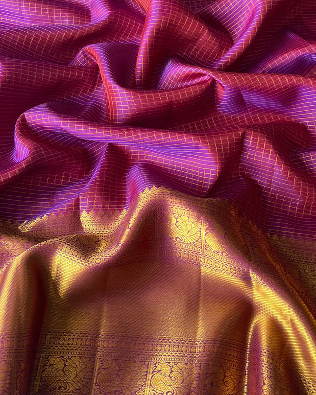 Pure Pattu Saree With Golden Check Weaving and Horse Buttes and Kaddi Border - Maroon