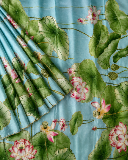Soft Crush Floral Print With Ari Work and Scallop Border - Sky Blue