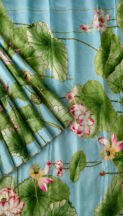 Soft Crush Floral Print With Ari Work and Scallop Border - Sky Blue