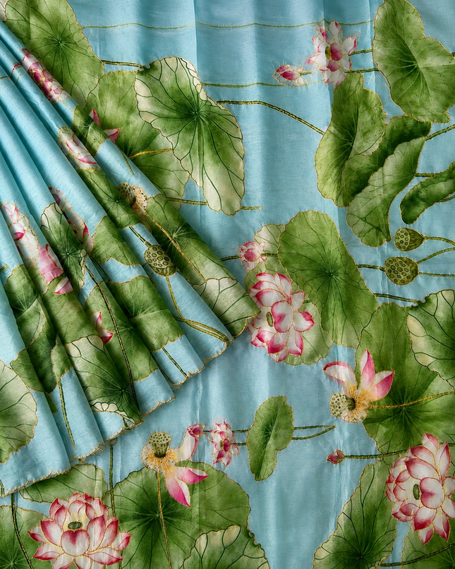 Soft Crush Floral Print With Ari Work and Scallop Border - Sky Blue