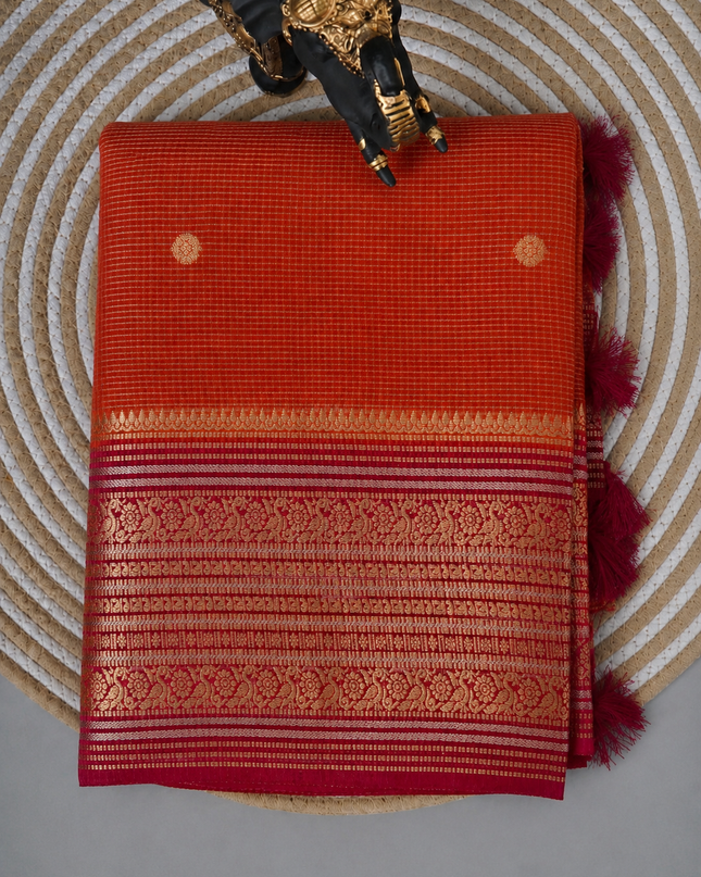 Green Silk Saree With Golden Zari Butties And Kanchi Border - Orange & Rani Pink