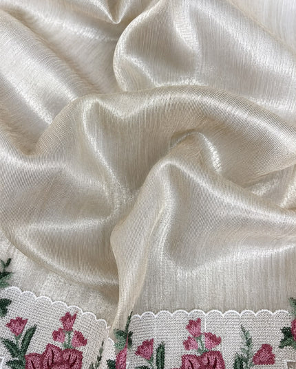 Linen Tissue Saree with square boxes Butties and Cross stich Scallop Border - Gold