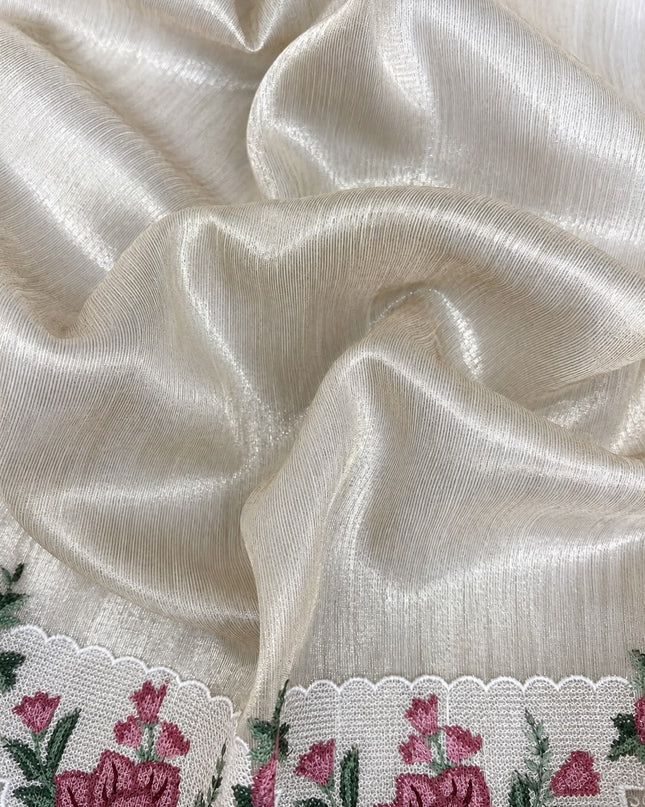 Linen Tissue Saree with square boxes Butties and Cross stich Scallop Border - Gold