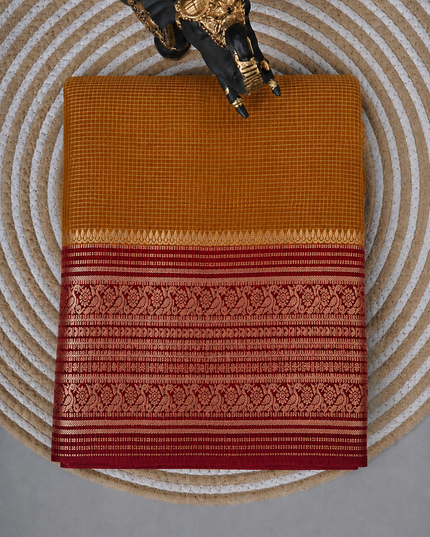 Green Silk Saree With Golden Zari Butties And Kanchi Border - Mustard & Red