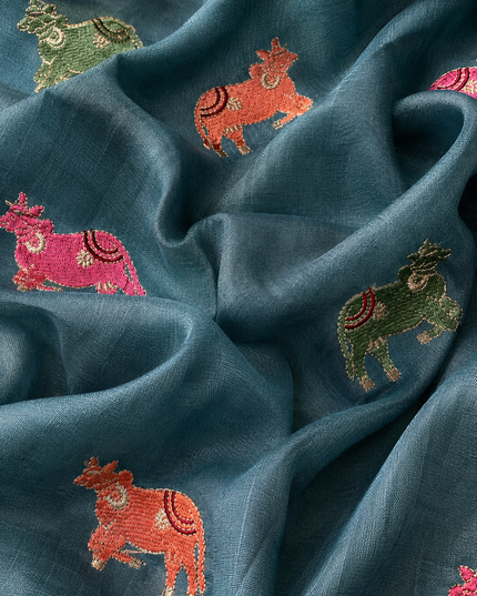 Linen Tissue Saree with Multi Stripes and Pichwai Border - Light Blue