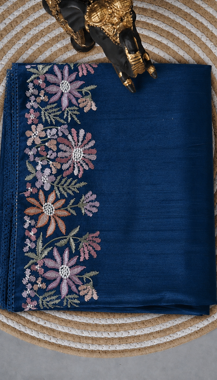 Tusser Silk Saree With Thread Embroidery Work and Lace Border - Peacock Blue
