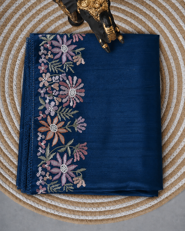 Tusser Silk Saree With Thread Embroidery Work and Lace Border - Peacock Blue