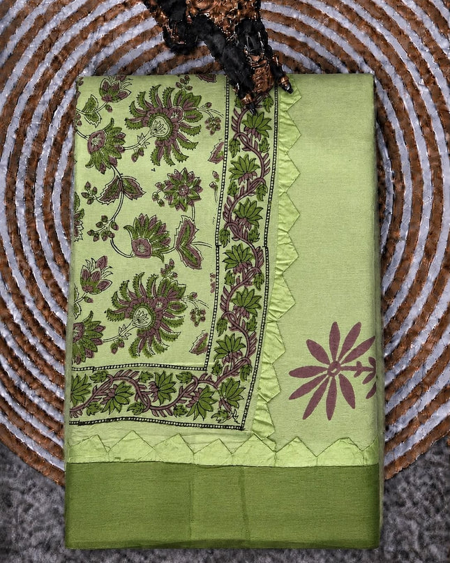 Mul Cotton Saree with Hand Block Print and Applique  Border- Green