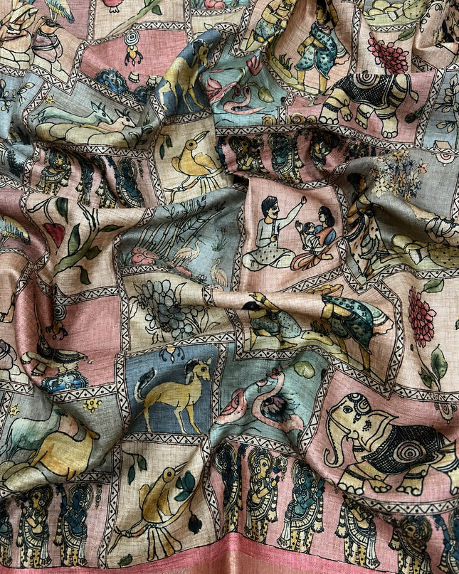Tusser Silk Saree With Arch Print and Golden Border  - Light Pink