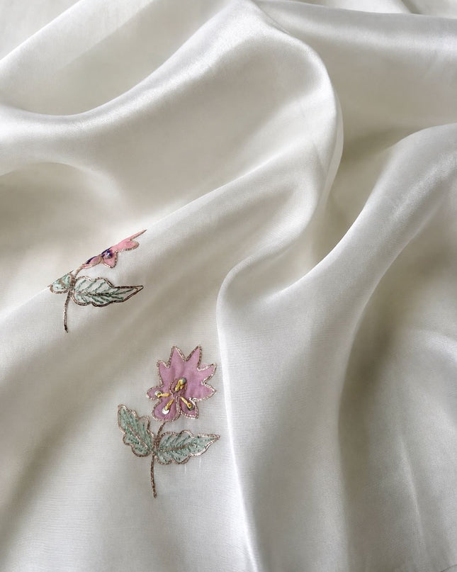 Soft Orznga Saree with Applique work And Ari Work with Scallop Border - Off White