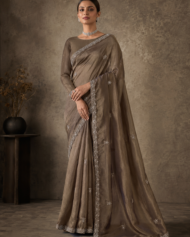 Soft Tissue Saree with Kardhana  Zardozi Work and Scallop Border - Onion pink
