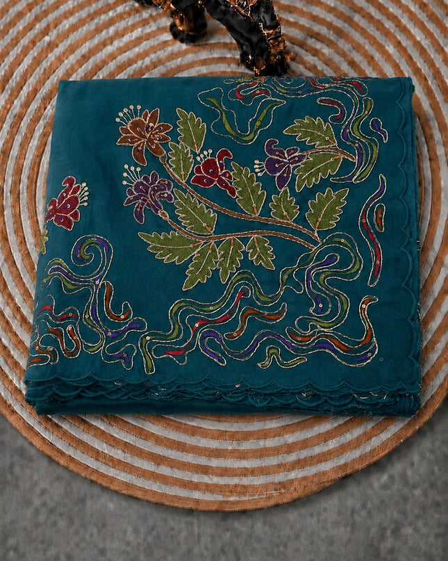 Soft Orznga Saree with Applique work And Peta Work with Scallop Border - Rama Green