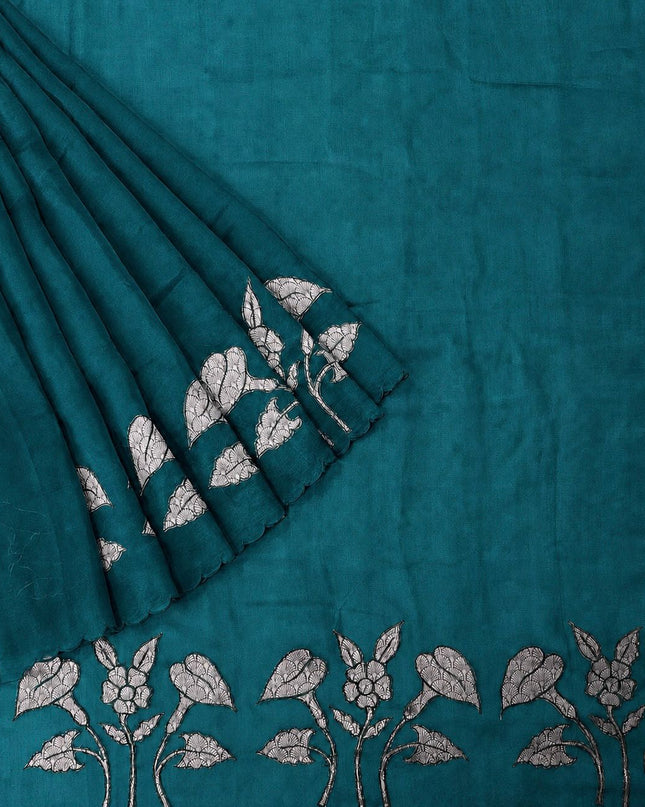 Soft Orznga Saree with Applique work with Scallop Border -  Rama Green