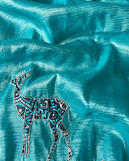 Soft  Orznga  Saree With Applique work and scallop Border-  Sky Blue