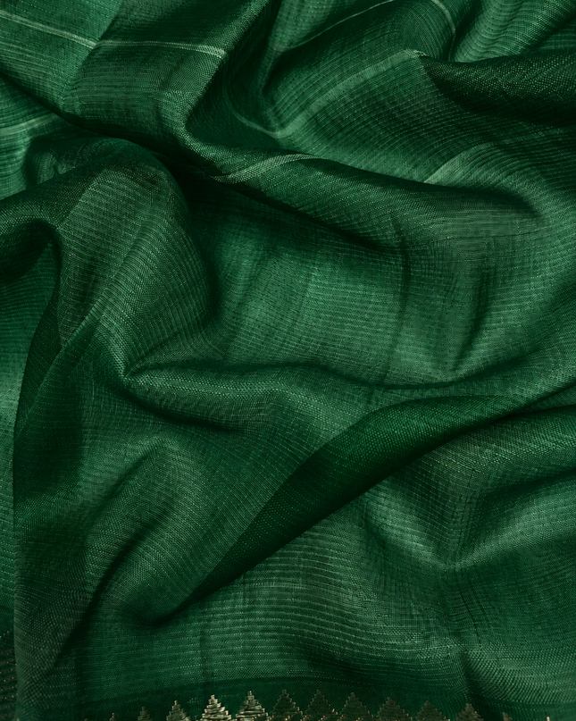 Mangaligiri Silk  Saree with  Thread  Weaving Checks Design and Golden Zari Temple  Border - Bottle Green