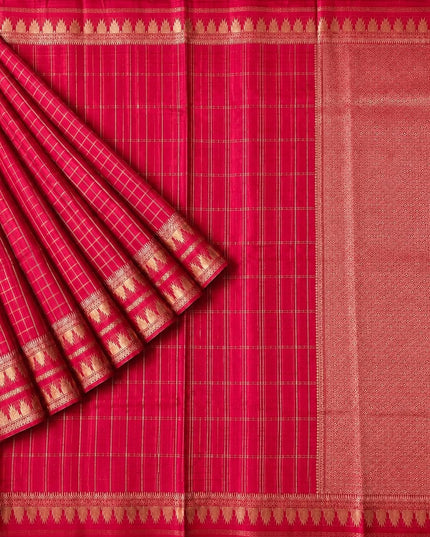 Green Silk Saree with Checks Design And Temple Design Border -Pink