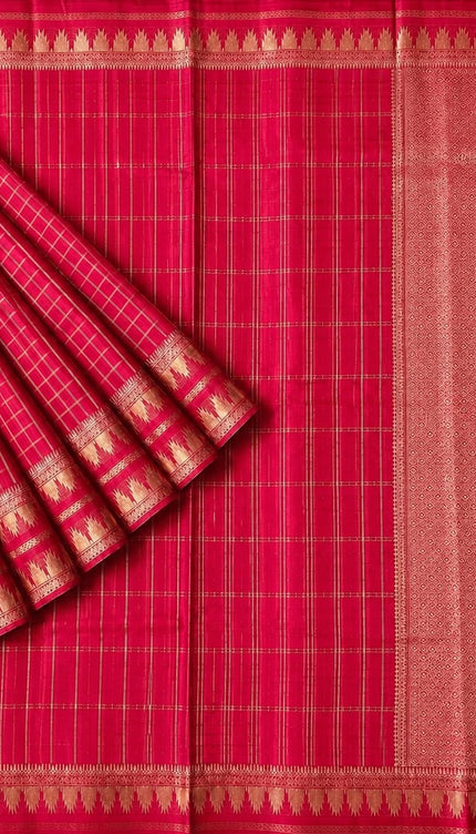 Green Silk Saree with Checks Design And Temple Design Border -Pink