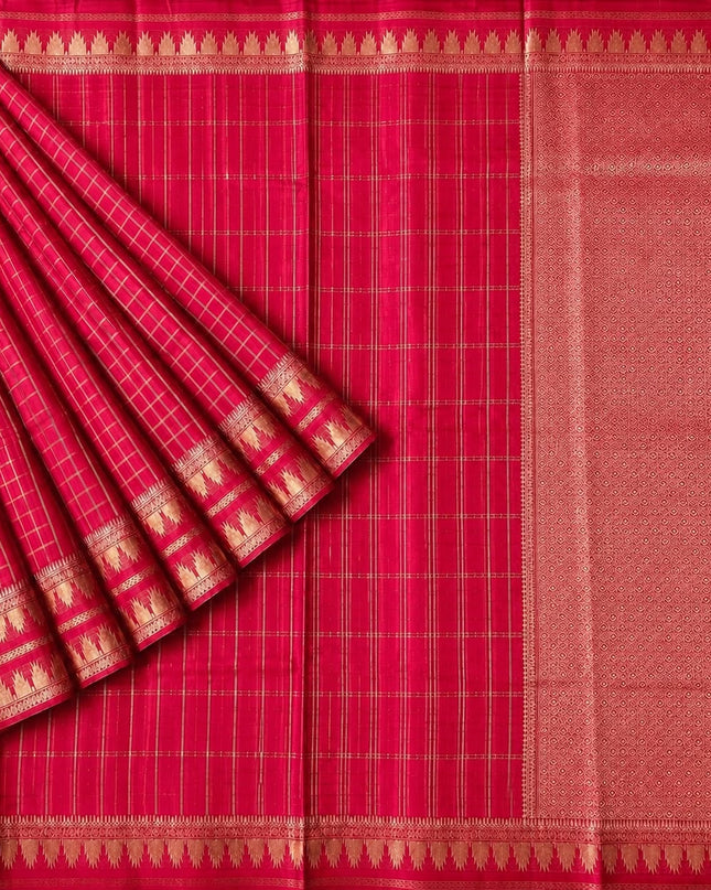 Green Silk Saree with Checks Design And Temple Design Border -Pink