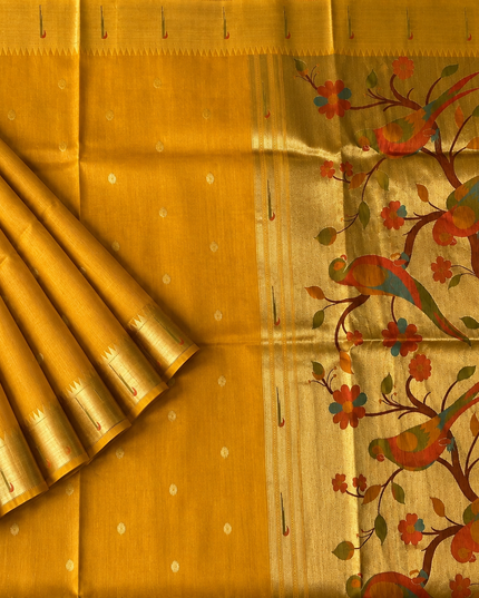 Chanderi  Saree with All over Golden Butties and muniya Border - Mustard