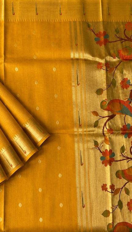 Chanderi  Saree with All over Golden Butties and muniya Border - Mustard