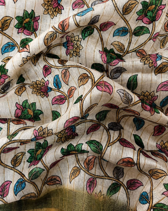 Tusser Silk Saree With All over Golden Checks Design and Kalamkari Pallu - Mehandi Green