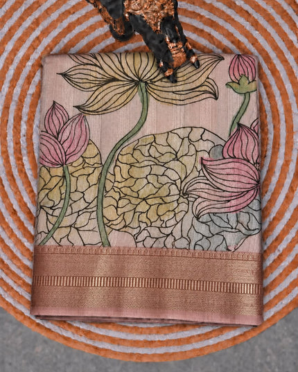 Jute Tissue Silk Saree With Floral Print and Contrast Border- Light Pink