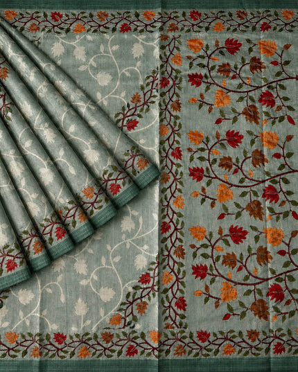 Tusser Silk Saree With Ari work and Floral Print and Contrast  Border - Sea Green