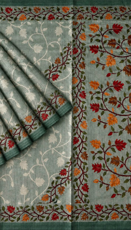 Tusser Silk Saree With Ari work and Floral Print and Contrast  Border - Sea Green
