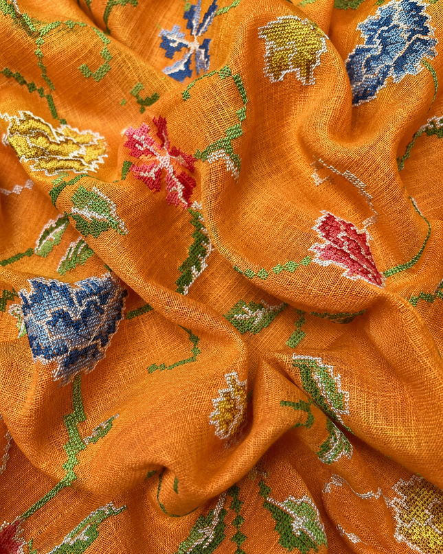 Tissue Linen Saree with Mirror Work Border- Orange