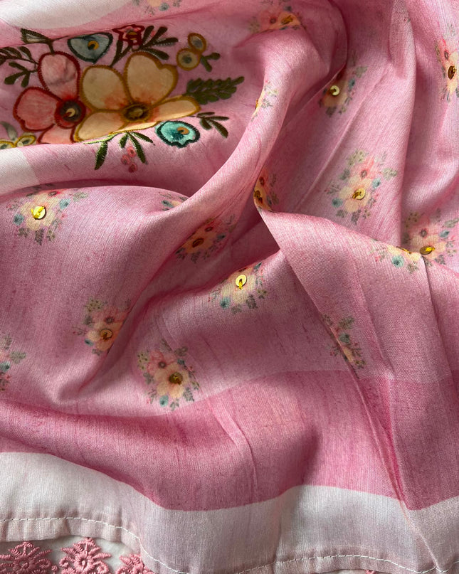 Tissue Chanderi Saree With Texture Print Design and Lace Border - Onion Pink
