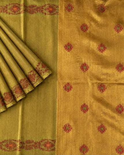 Tusser Silk Saree  With Thread Weaving Butties  With Golden Border- Gold