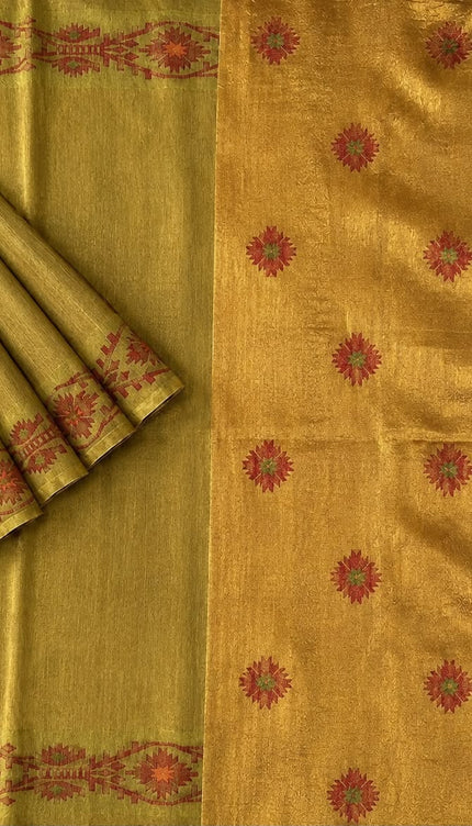 Tusser Silk Saree  With Thread Weaving Butties  With Golden Border- Gold