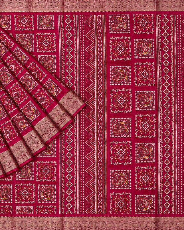 Tusser Silk Saree With Bhandni Print and Golden Border - Pink