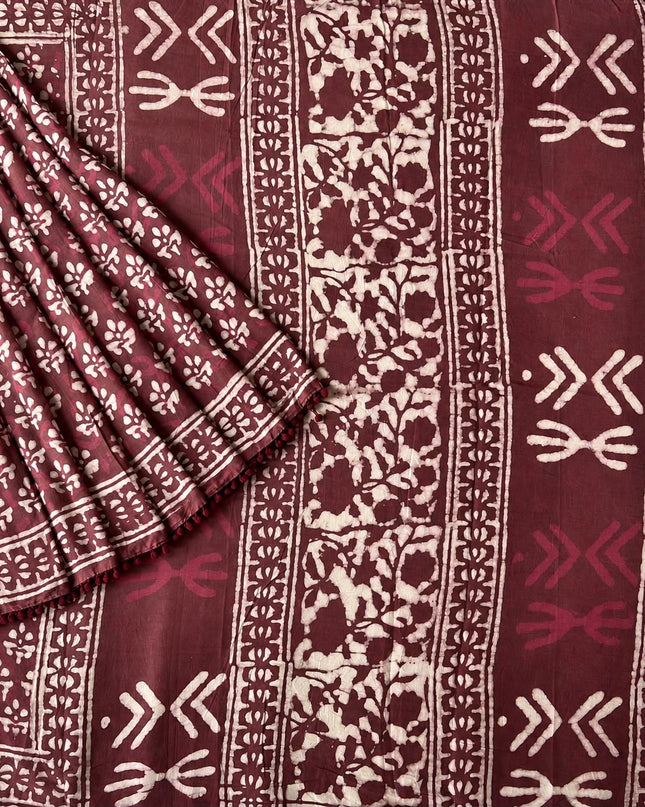 Mul Cotton Saree with Floral Print and Zig Zag Border - Maroon