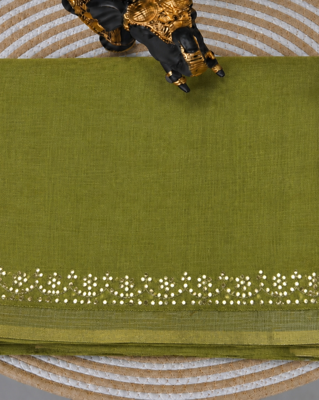 Tissue Linen Saree with Mirror Work Border- Green