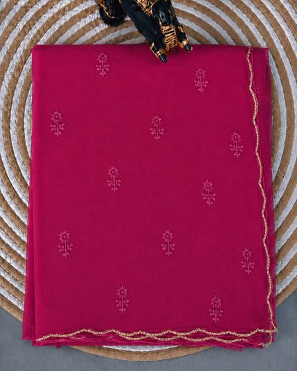 Georgette Saree with Thread Embroidery Flower Design  Kardhana Work Scallop Border - Magenta