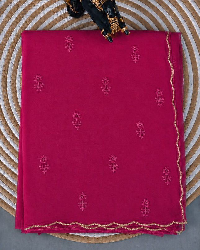 Georgette Saree with Thread Embroidery Flower Design  Kardhana Work Scallop Border - Magenta
