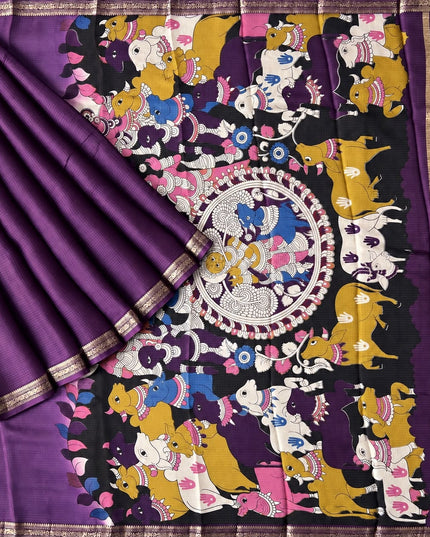 Pure Silk Kota Saree With Kalamkari Print and Small Gold Border - Violet