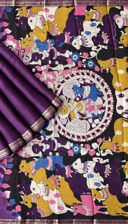 Pure Silk Kota Saree With Kalamkari Print and Small Gold Border - Violet